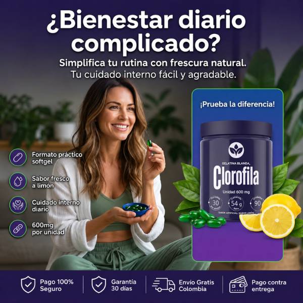 La clorofila que sí vas a tomar todos los días- Sin gotero, sin mal sabor, sin preparación. Solo 3 cápsulas de gelatina blanda con sabor a limón.