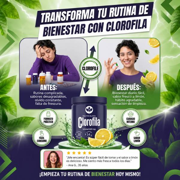La clorofila que sí vas a tomar todos los días- Sin gotero, sin mal sabor, sin preparación. Solo 3 cápsulas de gelatina blanda con sabor a limón.