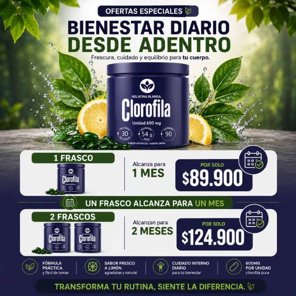 La clorofila que sí vas a tomar todos los días- Sin gotero, sin mal sabor, sin preparación. Solo 3 cápsulas de gelatina blanda con sabor a limón.