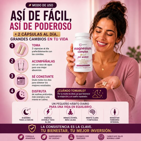 Magnesio 20 en 1 para Mujeres — Duerme toda la noche, Enérgica todo el día — 🎁2 tarros con 30% de descuento
