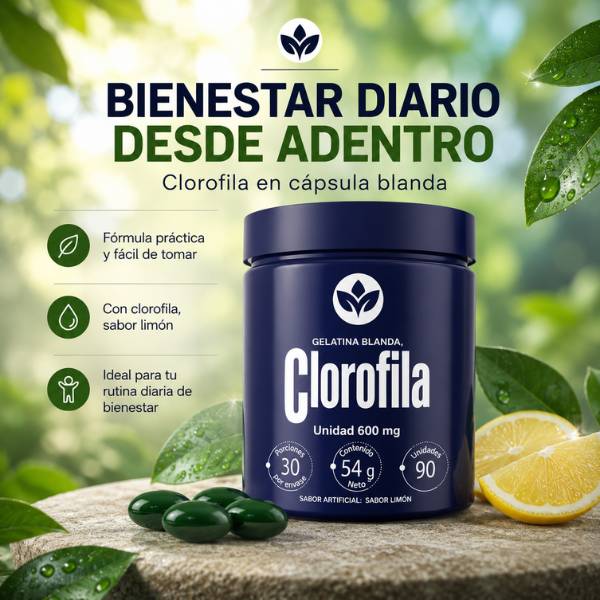 La clorofila que sí vas a tomar todos los días- Sin gotero, sin mal sabor, sin preparación. Solo 3 cápsulas de gelatina blanda con sabor a limón.