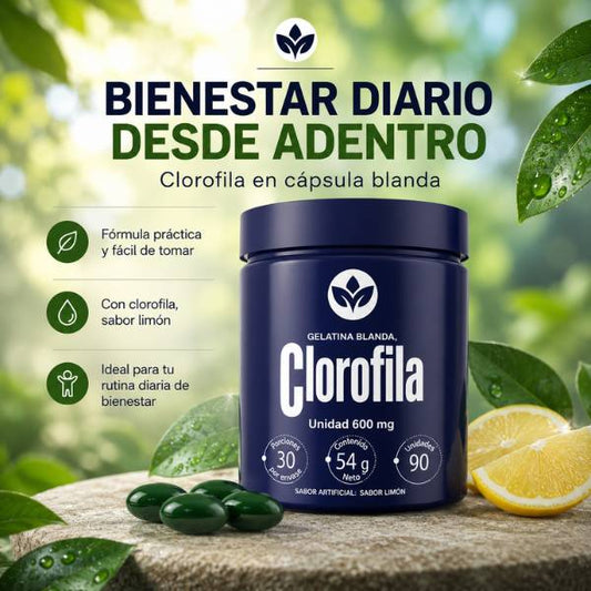 La clorofila que sí vas a tomar todos los días- Sin gotero, sin mal sabor, sin preparación. Solo 3 cápsulas de gelatina blanda con sabor a limón.
